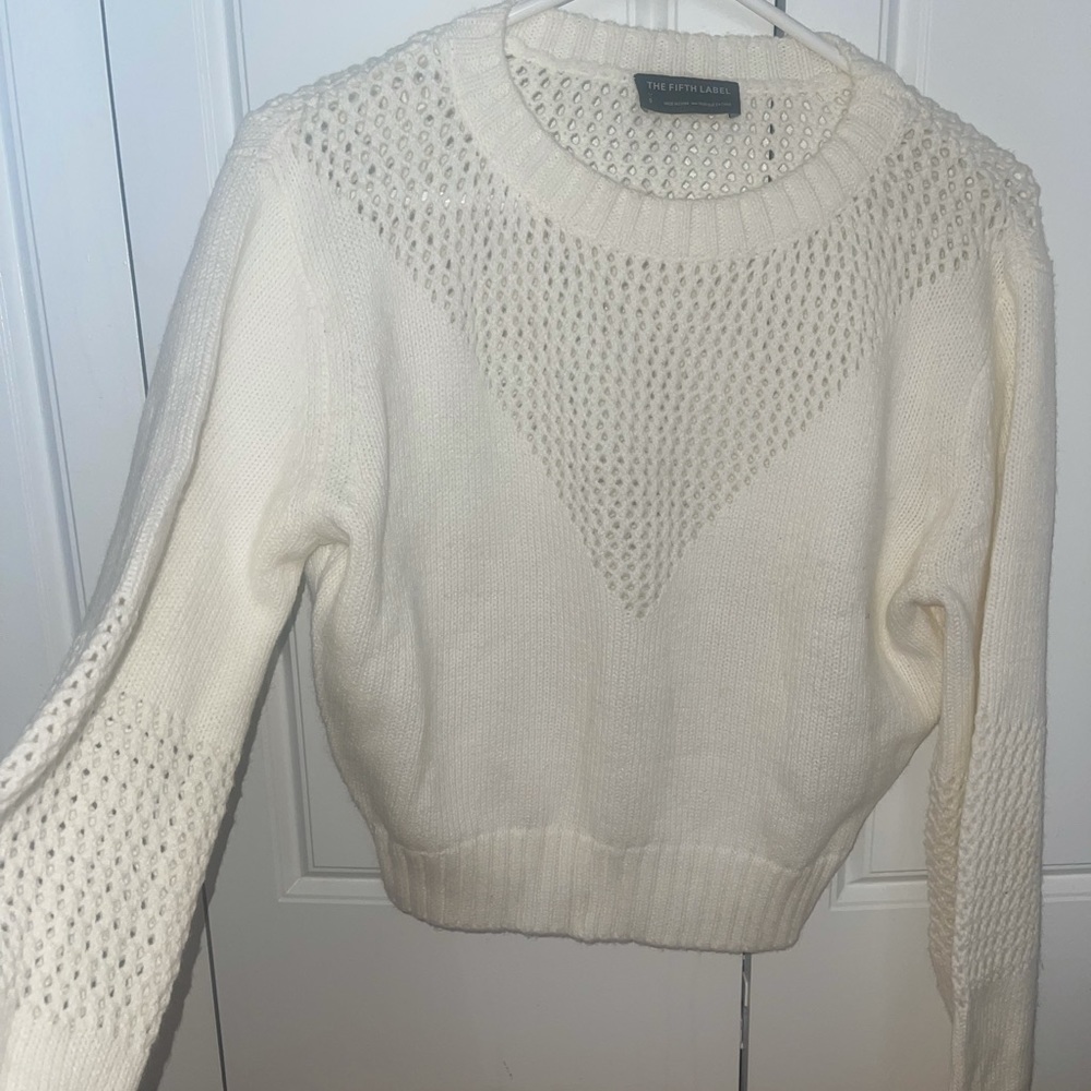 The Fifth Label white cropped sweater with puffy sleeves